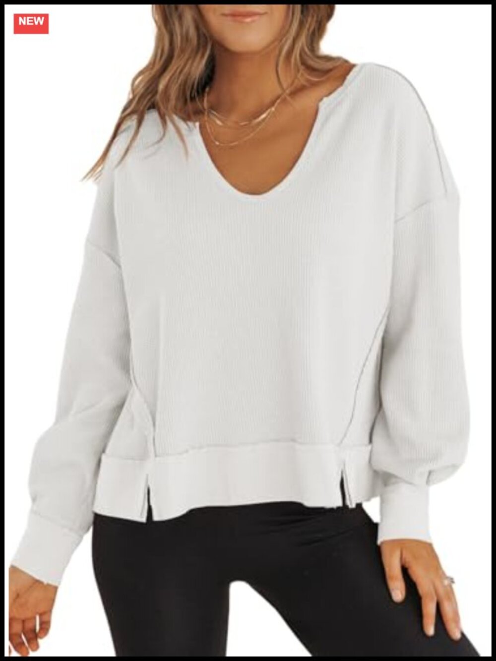 Waffle Knit Cropped V Neck Long Sleeve Pullover Sweatshirt